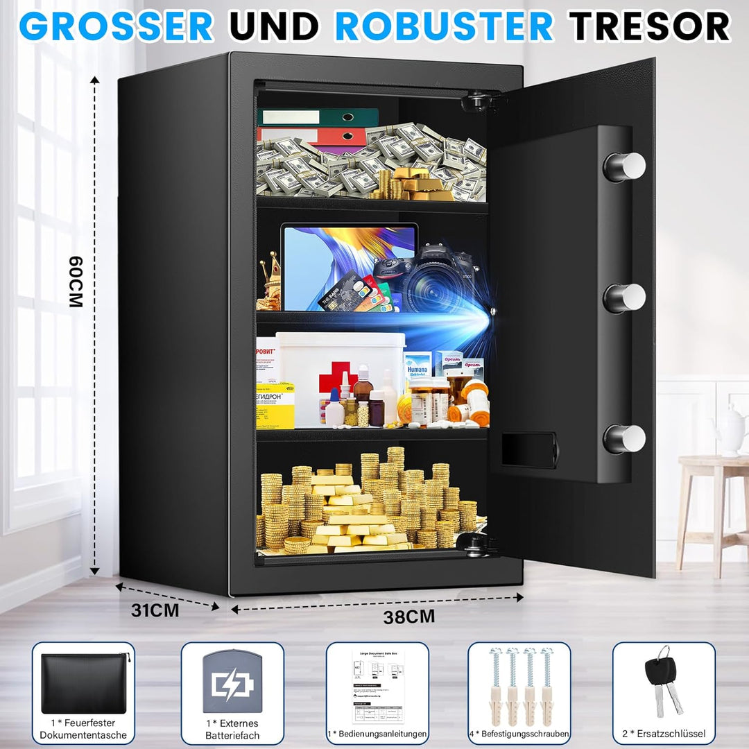 80L Tresor mit Feuerfester Dokumententasche, Feuerfest Safe Tresor mit Zahlenschloss, Ersatzschlüsse