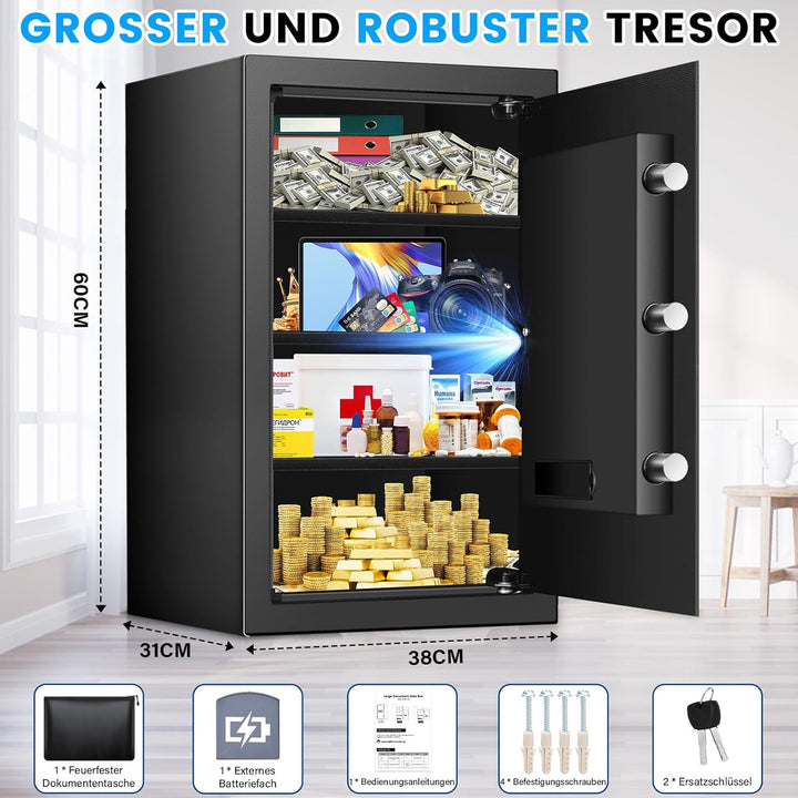 80L Tresor mit Feuerfester Dokumententasche, Feuerfest Safe Tresor mit Zahlenschloss, Ersatzschlüsse