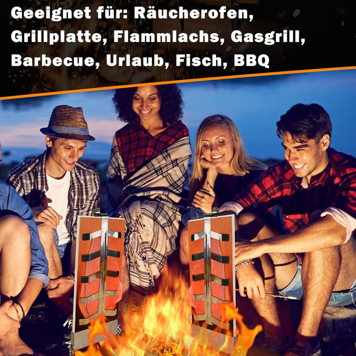 Flammlachsbrett 2er Set, Lachsbretter zum Grillen aus Zedernholz mit Edelstahlhalterung, 5 Winkelstu