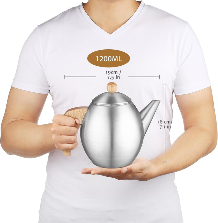 glastal Silberne Teekanne aus Edelstahl 1200ml mit 18/8 Edelstahl Teesieb Teebereiter Geeignet für T