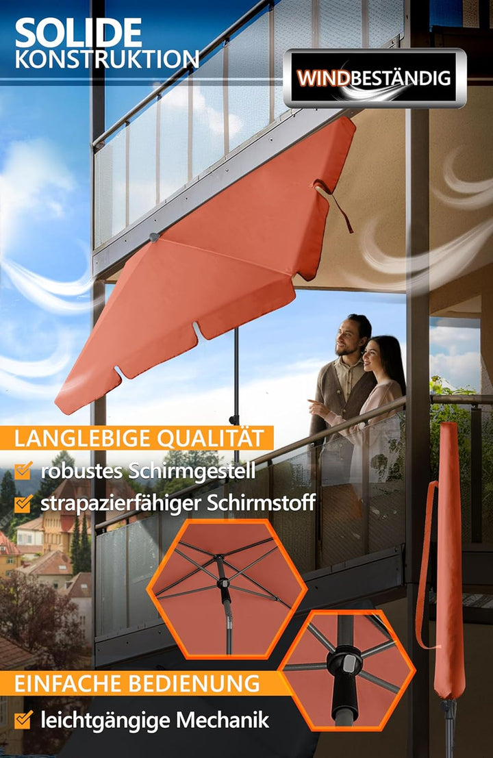 4smile Sonnenschirm Balkon 200 × 125 cm, Sonnenschirm rechteckig mit UPF 50+, 45° knickbar & höhenve