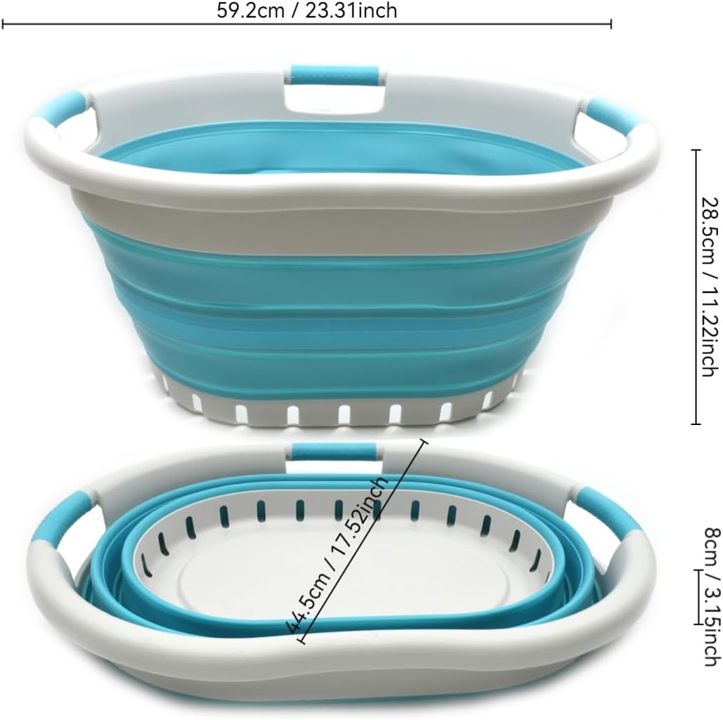 SAMMART 36L Collapsible 3 Handled Plastic Laundry Basket (Grau/Hellblau, 2) Grau/Hellblau 2, Grau/He