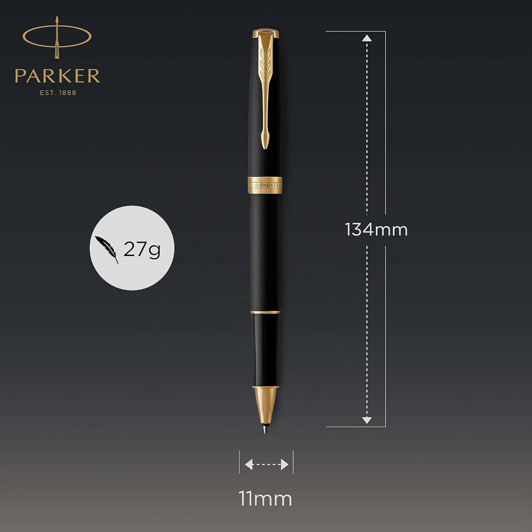 Parker Sonnet Tintenroller | Matt-Schwarze Lackierung mit Goldzierteilen | feine Spitze | Schwarze T