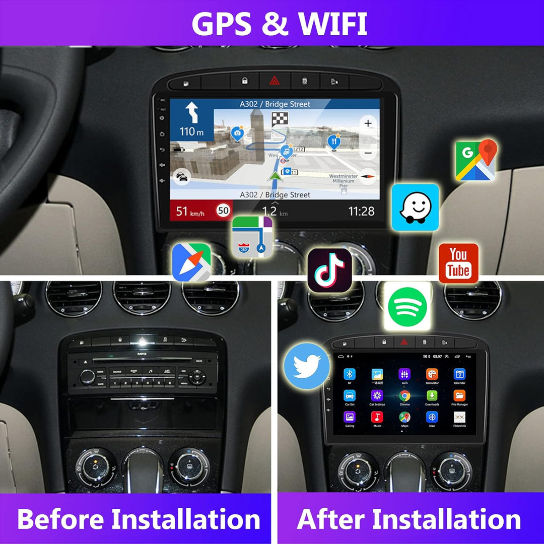 Podofo Android Autoradio GPS für Peugeot 308 408 2009-2013, 9" Touchscreen WiFi Bluetooth FM RDS Rad