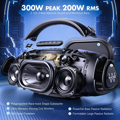 300W PEAK 200W RMS Bluetooth Lautsprecher, W-KING Musikbox Gross mit Subwoofer/EQ APP, Laut Tragbare