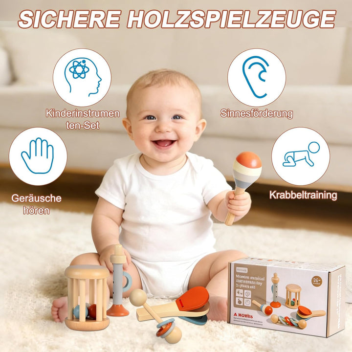 5pcs Montessori Holz Rassel - Musik Holz Spielzeug, Montessori Sensorik Spielzeug, musikinstrumente