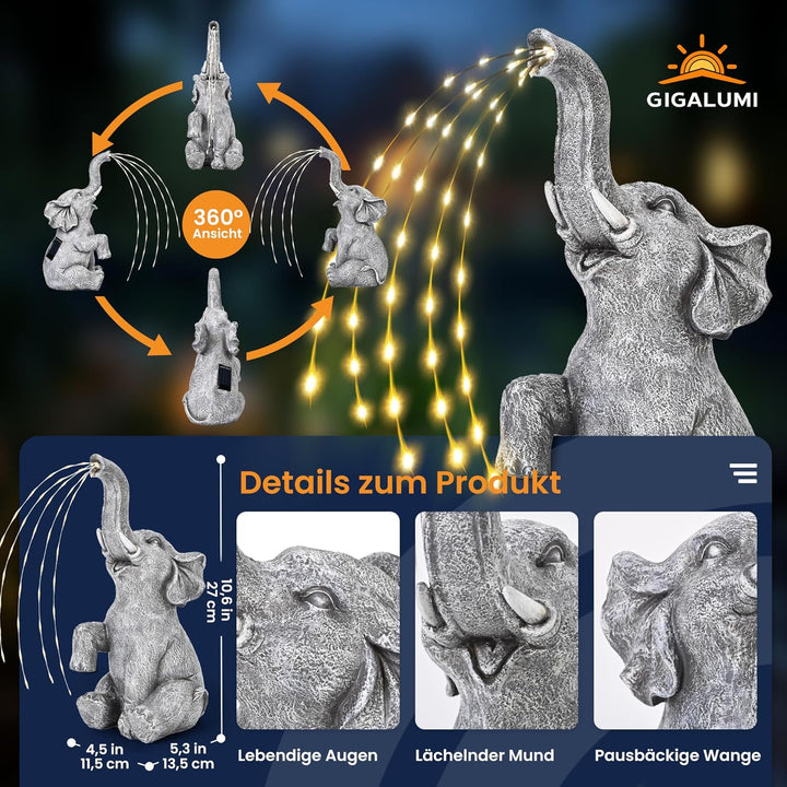 GIGALUMI Upgraded Elefantenstatue Gartendekoration True Bewässerungselefant Figur Solarbetriebene LE