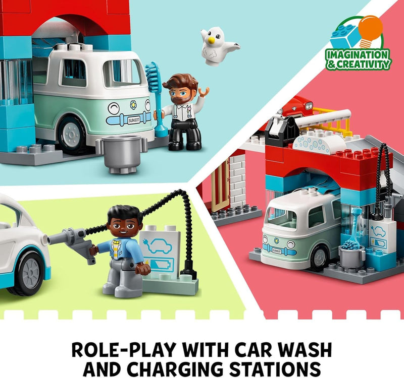 LEGO 10948 DUPLO Parkhaus mit Autowaschanlage mit Spielzeugauto, Wohnmobil und Rennauto, Garagen-Spi