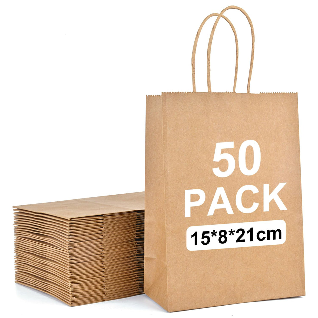 MAOOY 50stk Papiertüten mit Henkel Kleine Geschenktüten Papiertaschen Braun 15x8x21cm,Kraftpapiertüt