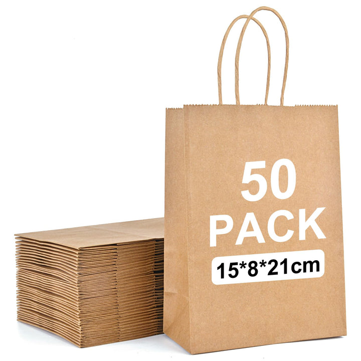 MAOOY 50stk Papiertüten mit Henkel Kleine Geschenktüten Papiertaschen Braun 15x8x21cm,Kraftpapiertüt
