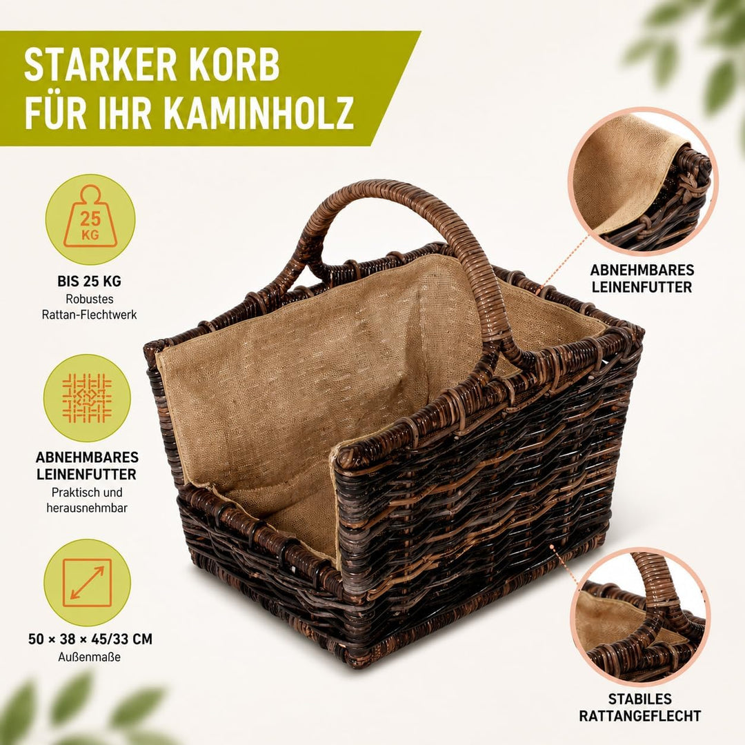 Kobolo Holztrage Holzkorb für Kaminholz - aus Rattan mit abnehmbaren, 51x40x28