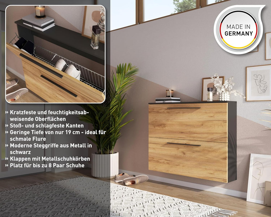 Germania Schuhschrank 3883-549 GW-Wildomar, in Graphit/Navarra-Eiche-Nb., Platz für bis zu 8 Paar Sc