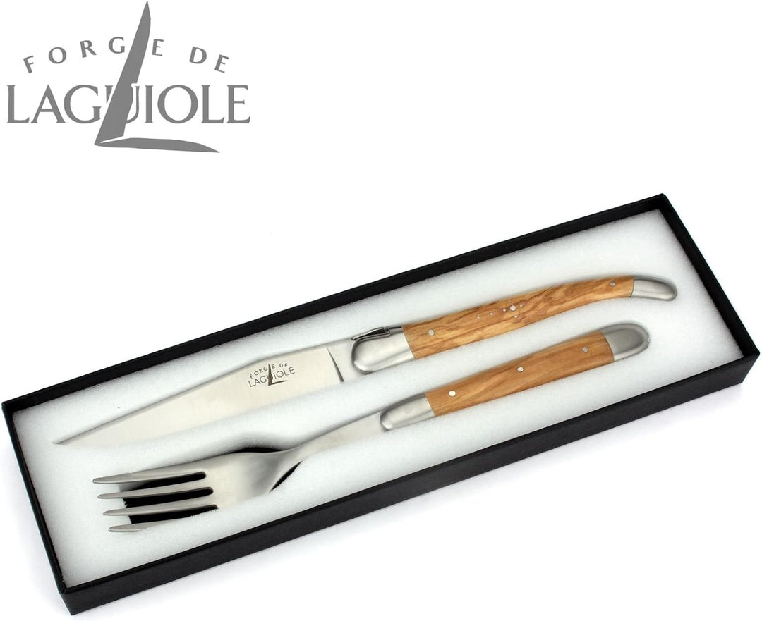Forge de Laguiole - Steakmesser und Gabel je 1x im Set - Griff Olivenholz - Besteck Frankreich - Sta