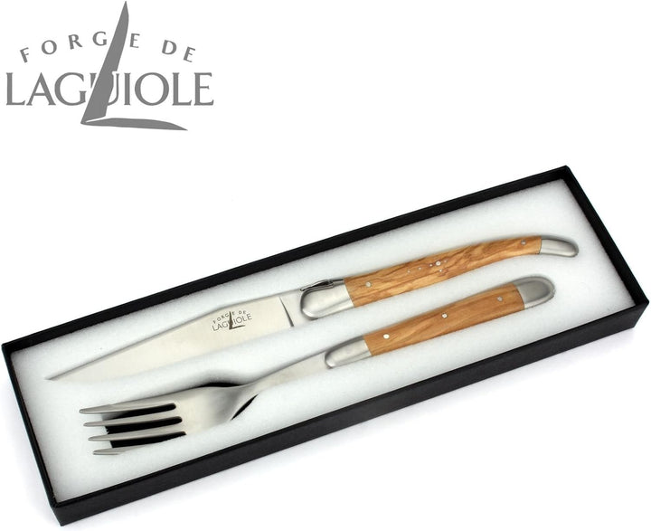 Forge de Laguiole - Steakmesser und Gabel je 1x im Set - Griff Olivenholz - Besteck Frankreich - Sta
