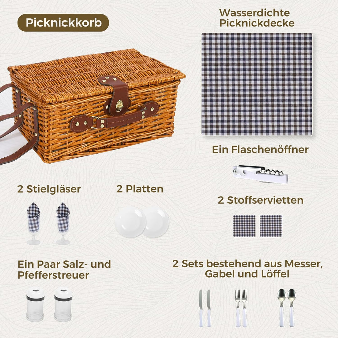 Picknickkorb Set für 2 Person mit Kühlfach und wasserdichte Picknickdecke, Abnehmbarer Riemen, Weinb