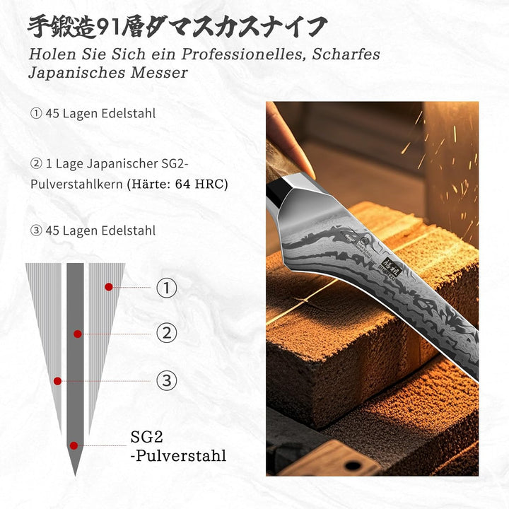 SHAN ZU Damast Filetiermesser, Japanisches Ausbeinmesser aus SG2-Pulverstahl, Handgeschmiedetes 18cm