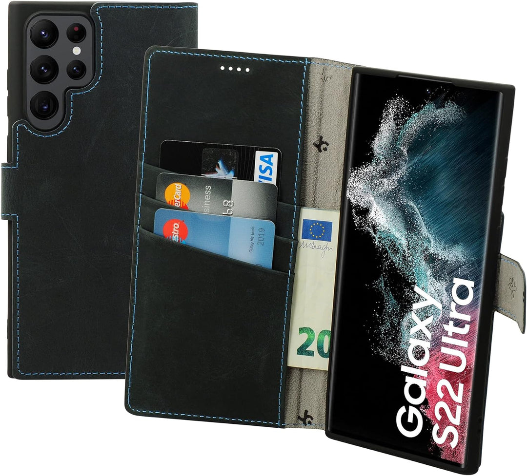 Suncase Book-Style Hülle kompatibel mit Samsung Galaxy S22 Ultra 5G Leder Tasche (Slim-Fit) Lederhül