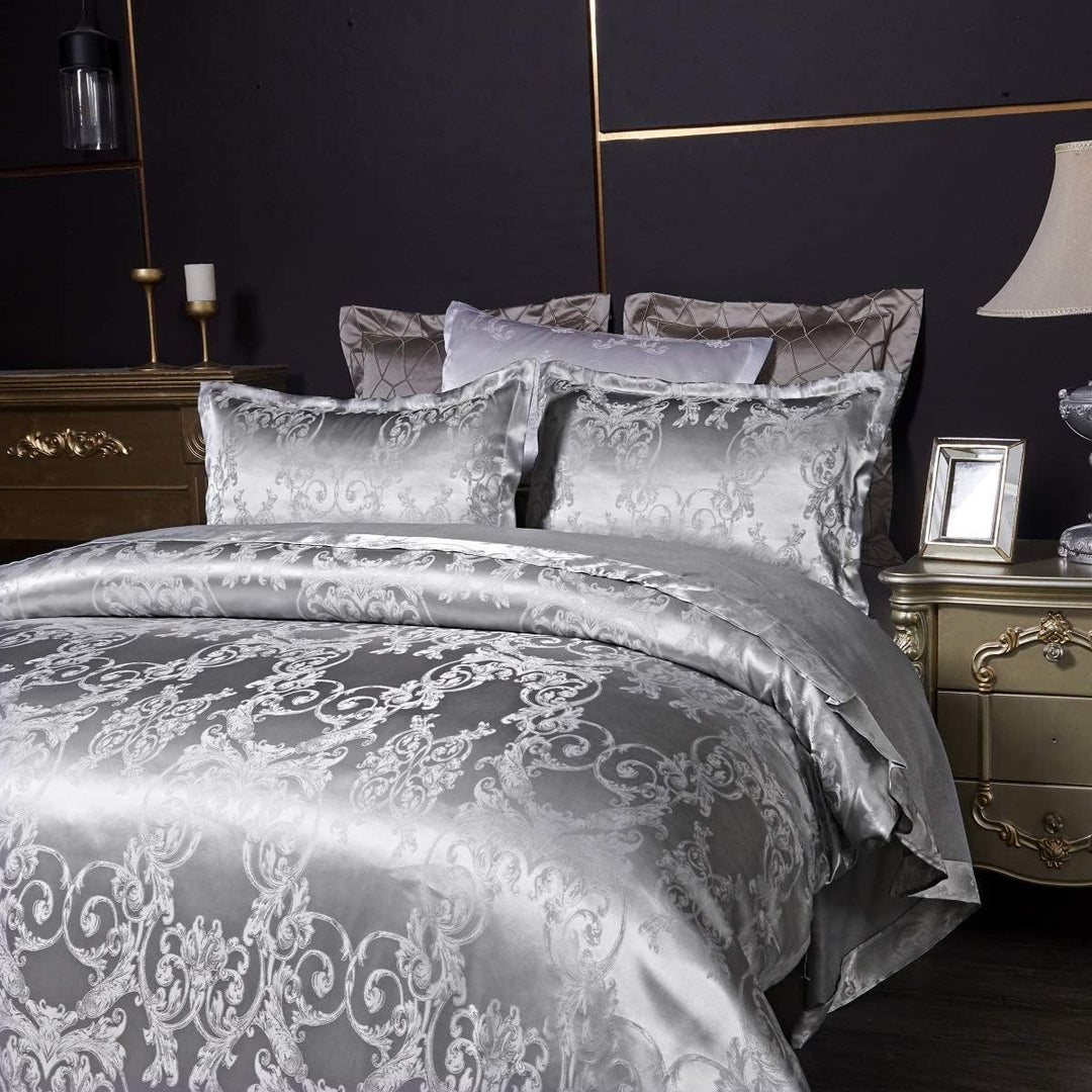 DXHOME Bettwäsche Satin 155x220 cm 3teilig Jacquard Silber Wendebettwäsche mit Dunkelgrün Blumen Rom