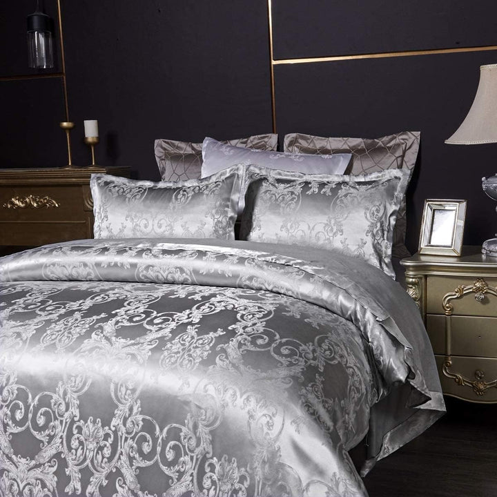 DXHOME Bettwäsche Satin 155x220 cm 3teilig Jacquard Silber Wendebettwäsche mit Dunkelgrün Blumen Rom