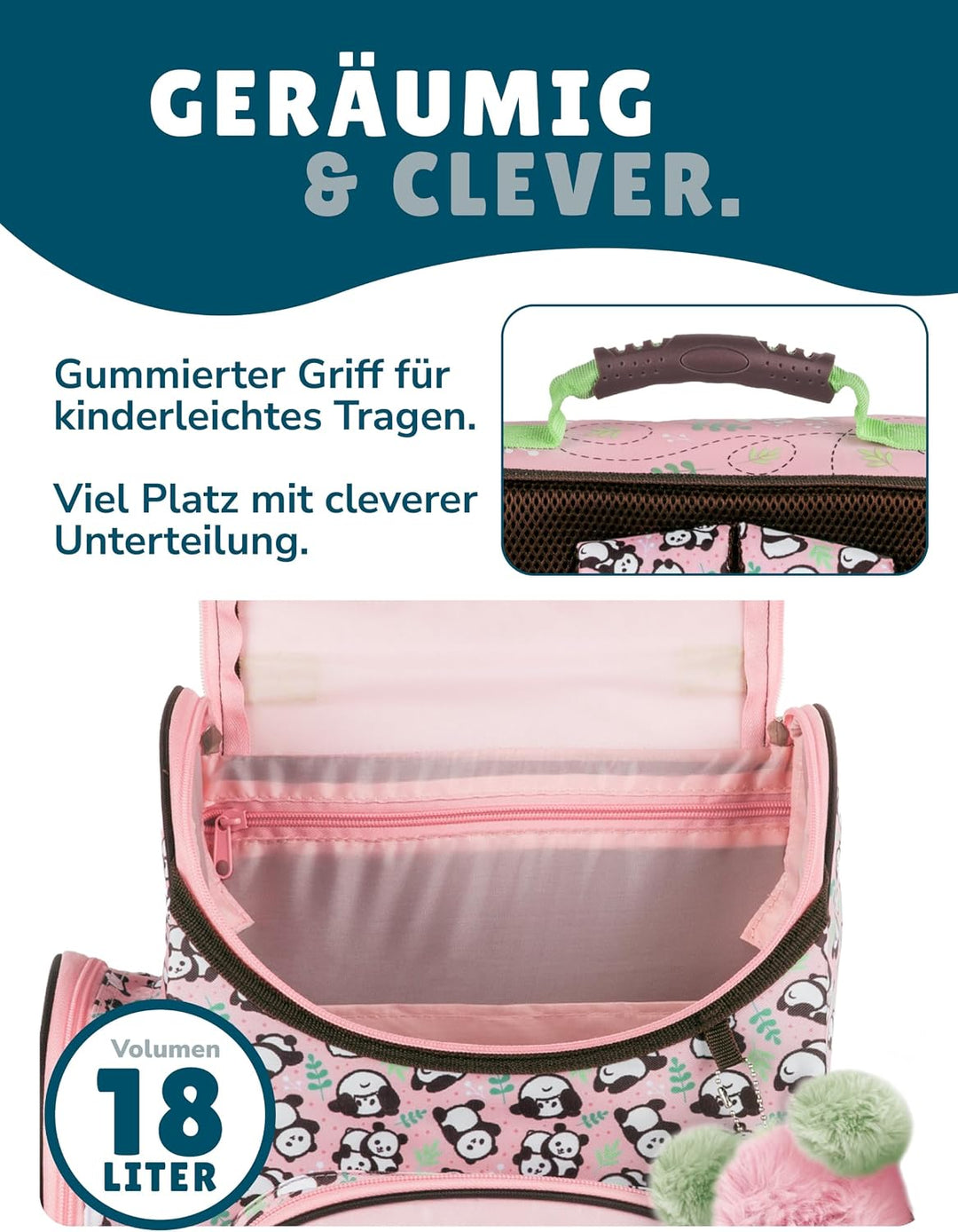 Familando - Schulranzen Set - 8-teilig mit Federmappe - Panda Bär - Ergonomisch, stabil &amp; mit gepols