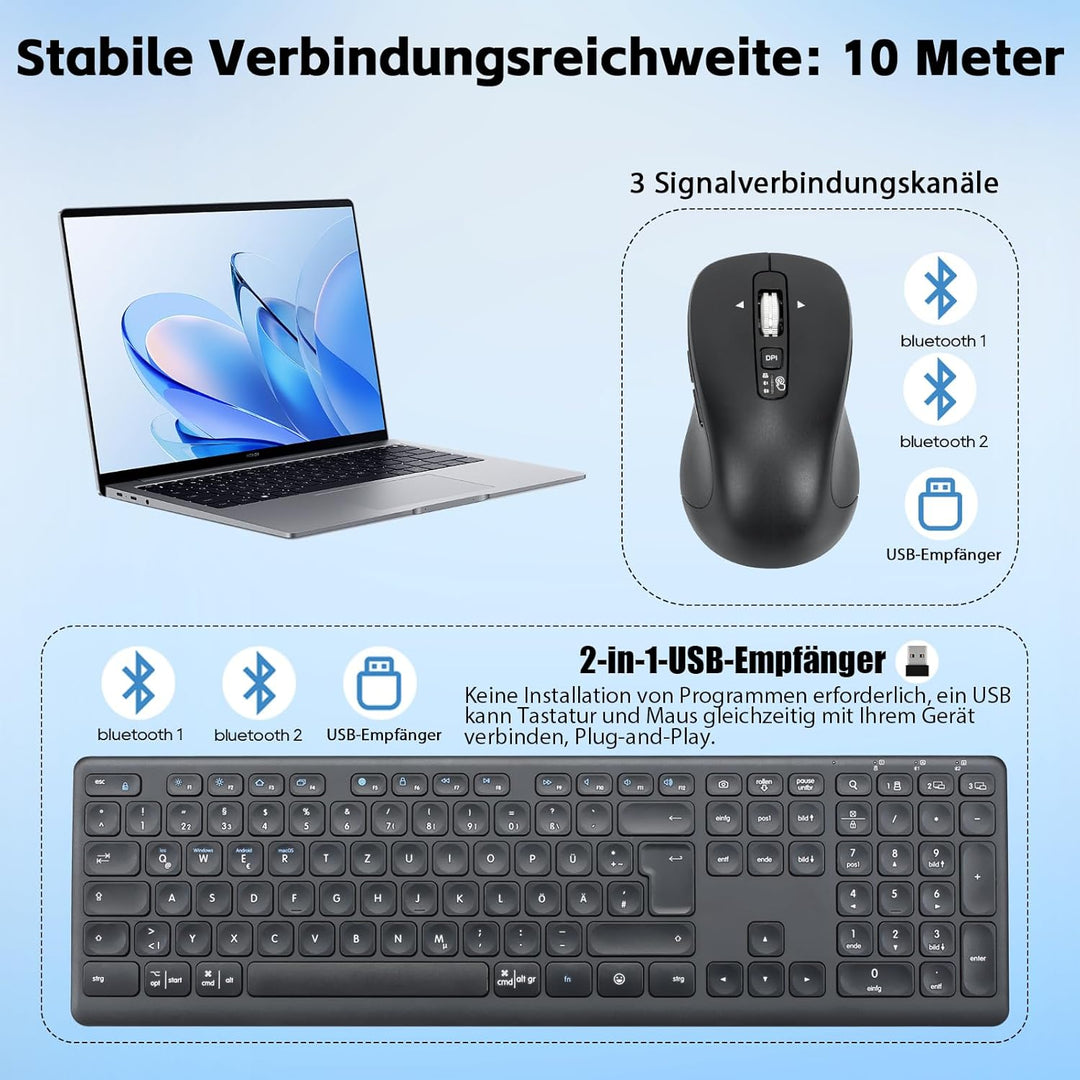 M9300 Kabelloses Tastatur Maus Combo, 2-in-1 USB Empfänger und Zwei Bluetooth, 18-Monate Batterielau