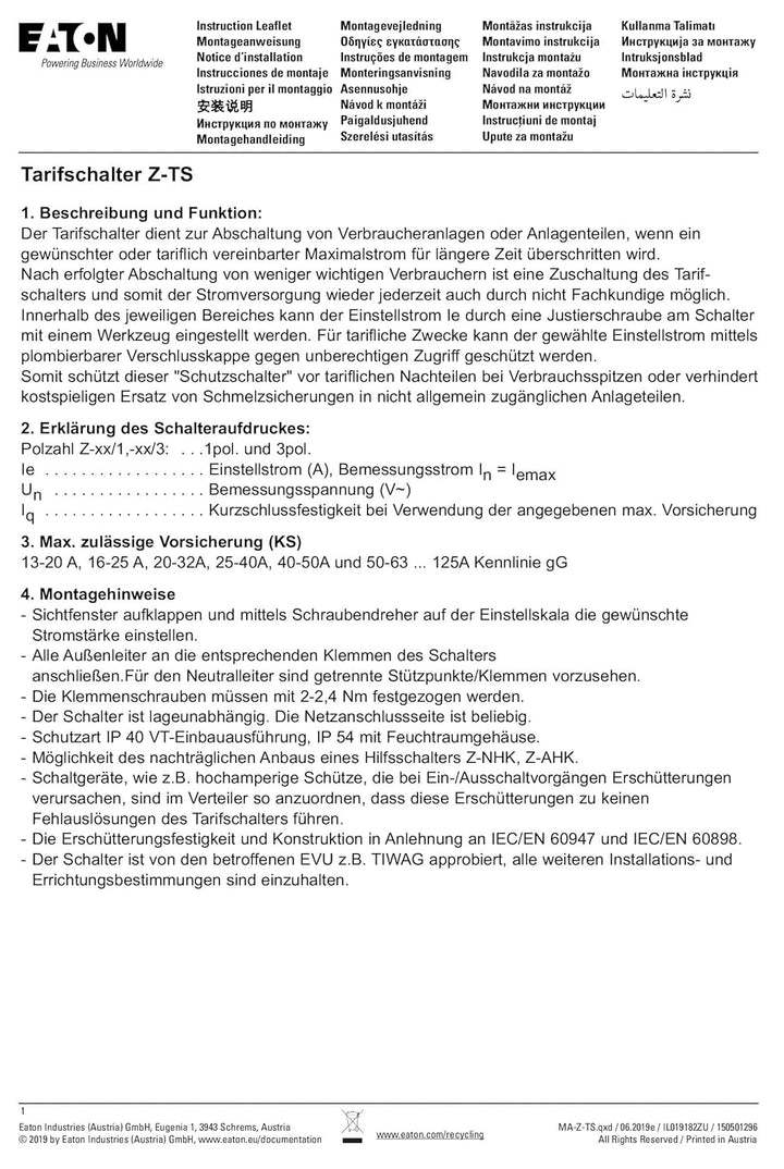 Eaton Z-TS20/3 Tarifschalter 20 A 3-polig 13-20 A Leistungsschalter Motorschutz 266857