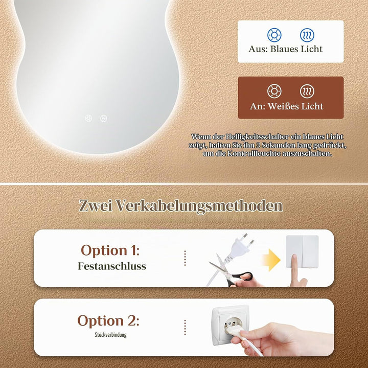 Clevich Badspiegel mit Beleuchtung Asymmetrisch 90×60 cm, LED Spiegel mit 3 Lichtfarben dimmbar, geh