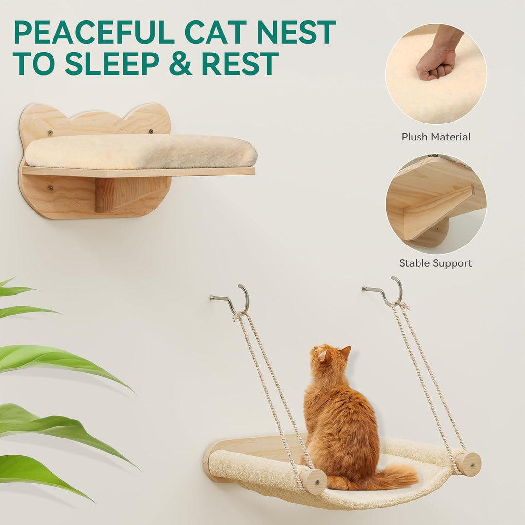 YITAHOME Katzenkletterwand-Set, Stabiler Holz Katzenmöbel, 7-Teilig Katzen Wandelemente mit Katzentr