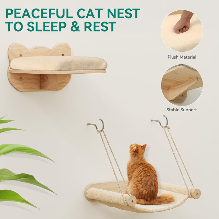 YITAHOME Katzenkletterwand-Set, Stabiler Holz Katzenmöbel, 7-Teilig Katzen Wandelemente mit Katzentr
