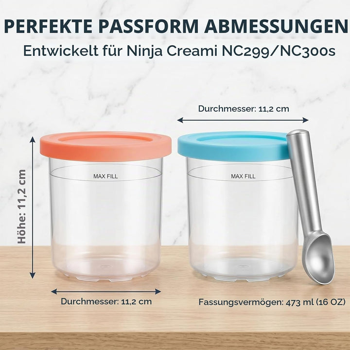 Behälter für Ninja Creami, 4 Stück Ersatzbecher &amp; Deluxe Behälter Set, 500ml Becher mit Farbkappen,
