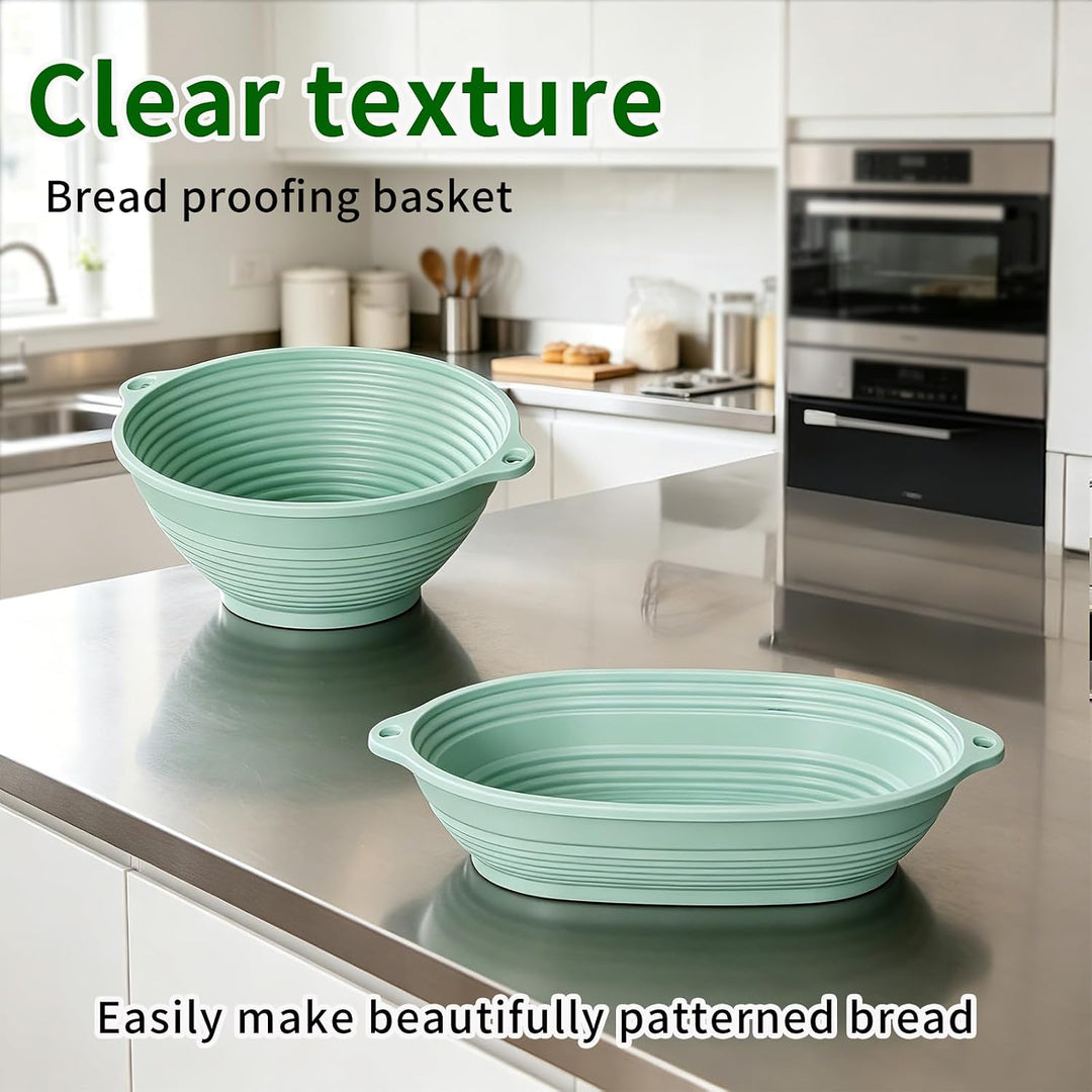 Gärkörbchen Set 2er – Silikon Gärkorb Rund 22,8cm &amp; Oval 28,8x15,9cm, Faltbar Brotgärkorb Brot Backe