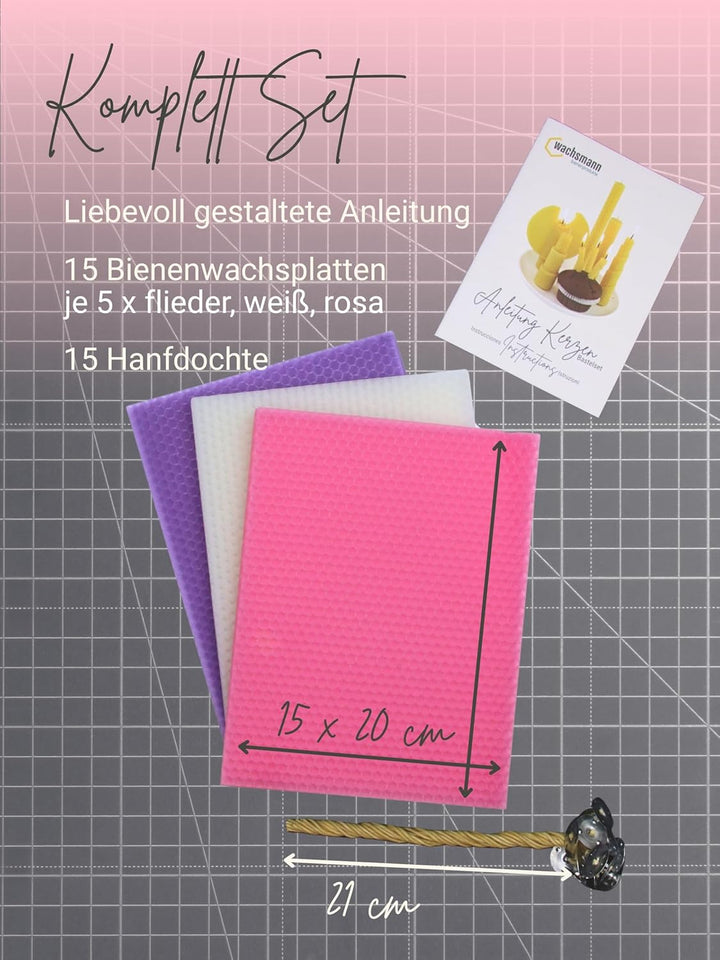 Wachsmann Kerzen selber machen Set – 15 Bienenwachsplatten (15 x 20 cm) mit Hanfdochten für 15 Biene