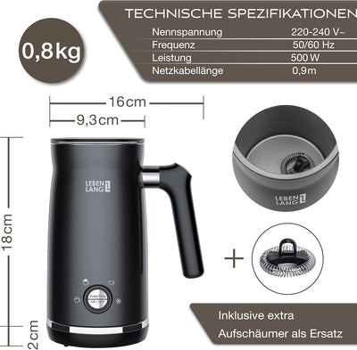 LEBENLANG elektrischer Milchaufschäumer elektrisch – mit Ersatzschäumer & 4 Programmen | heisse Scho