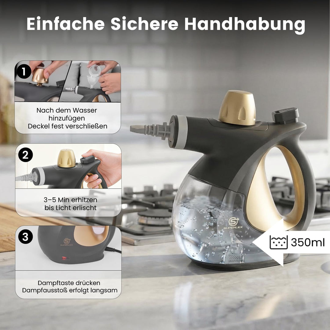 SUPERLEX Dampfreiniger Handgerät 1050W Handdampfreiniger mit 350ML Wassertank 180° Drehbare Düse Hoc