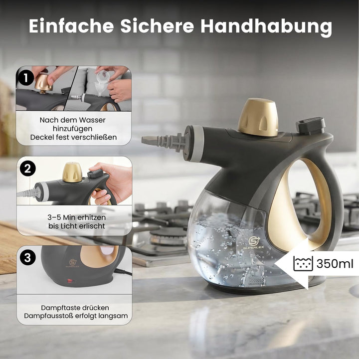 SUPERLEX Dampfreiniger Handgerät 1050W Handdampfreiniger mit 350ML Wassertank 180° Drehbare Düse Hoc