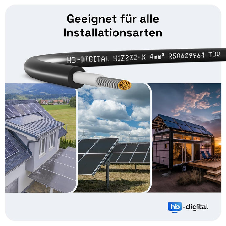 hb-digital 100m Solarkabel H1Z2Z2-K 4mm2 für Solarmodule Reines Kupfer Verlängerungskabel Solarpanel