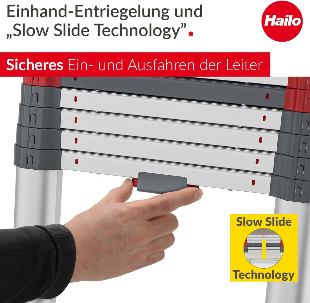 Hailo T100 FlexLine Sicherheits-Teleskopleiter - ausziehbare Leiter aus Aluminium mit bis zu 11 Stuf
