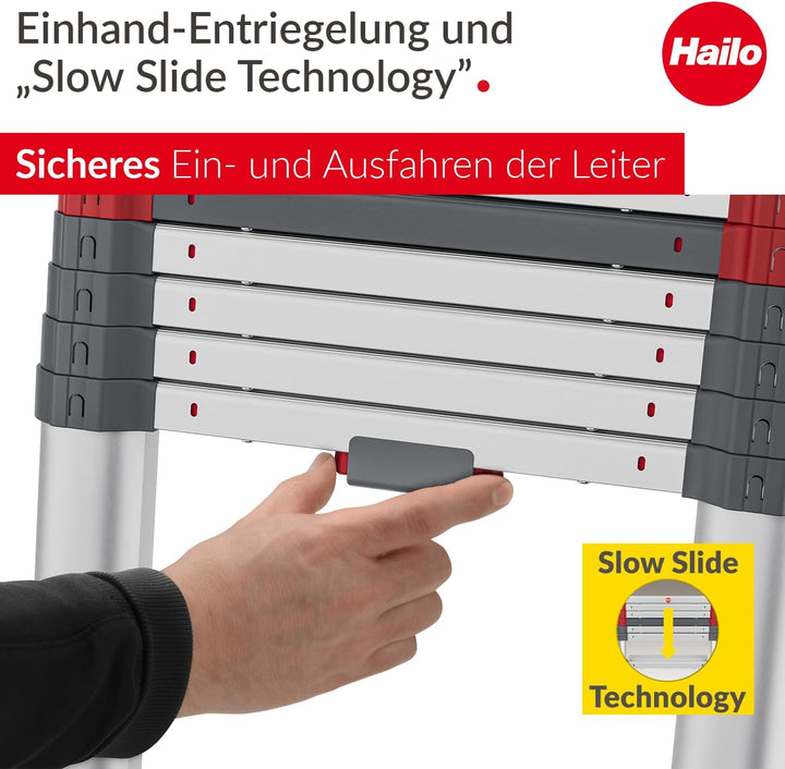 Hailo T100 FlexLine Sicherheits-Teleskopleiter - ausziehbare Leiter aus Aluminium mit bis zu 13 Stuf