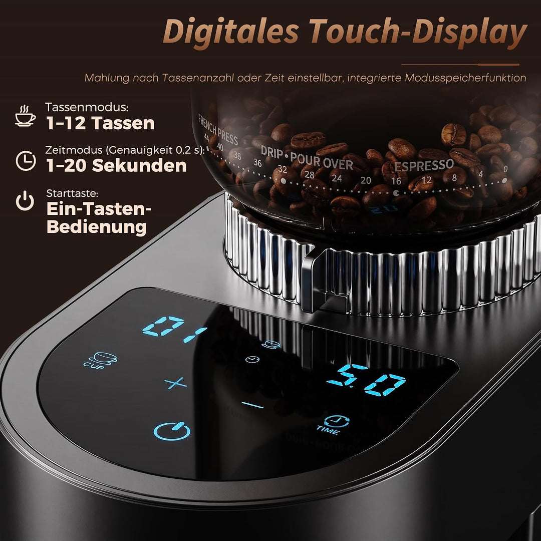Bostar Kaffeemühle Elektrisch mit LED Touchpanel, 60 Mahlgrade| 250G Bohnenbehälter| 1-12 Tassen| 1-
