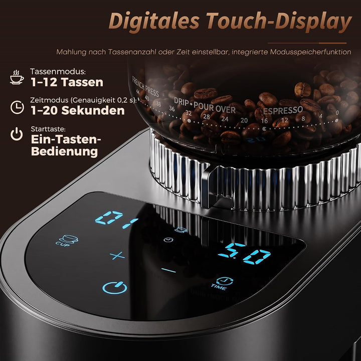 Bostar Kaffeemühle Elektrisch mit LED Touchpanel, 60 Mahlgrade| 250G Bohnenbehälter| 1-12 Tassen| 1-
