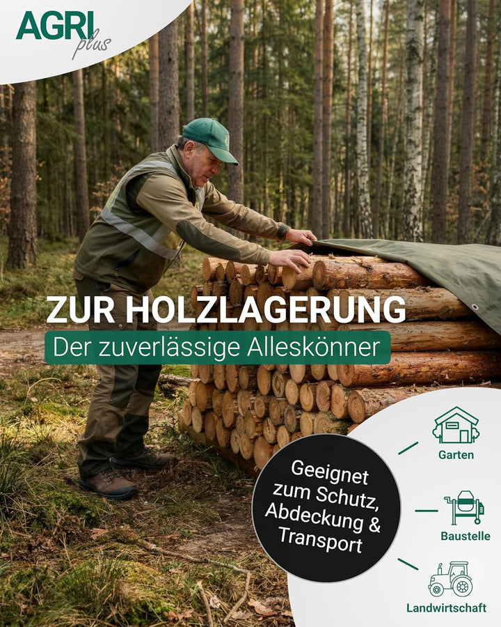 AGRI plus Holzabdeckplane 1,5 x 10 m - mit Ösen &amp; 50 Planenspanner I 210 g/m² PE-Gewebeplane mit rin