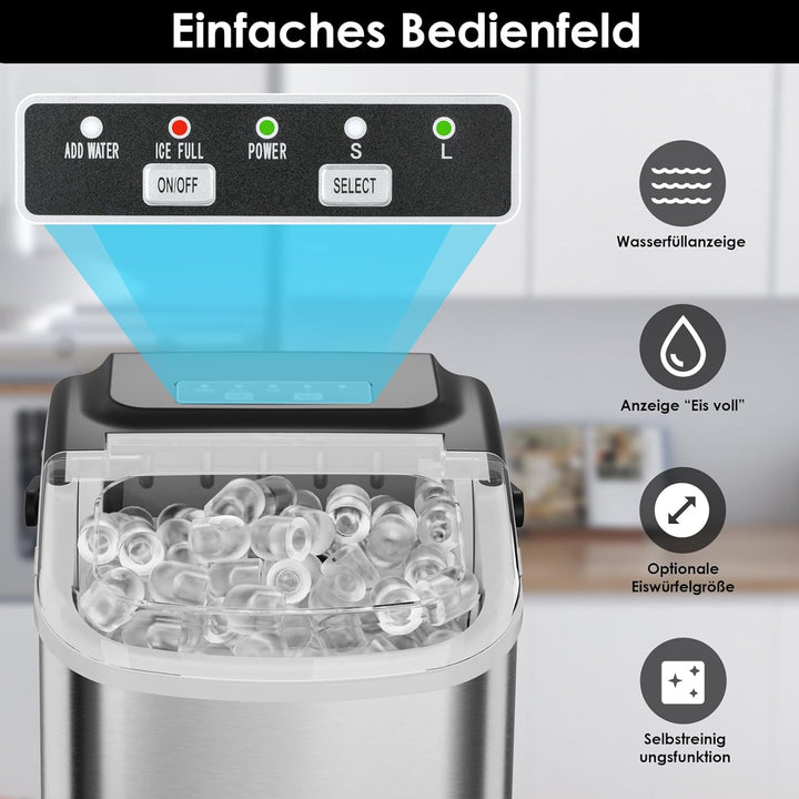Eiswürfelmaschine, Eiswürfelbereiter Edelstahl, 9 Eiswürfel in 6 Minuten, 12kg/24h, 2 Eiswürfel-Grös