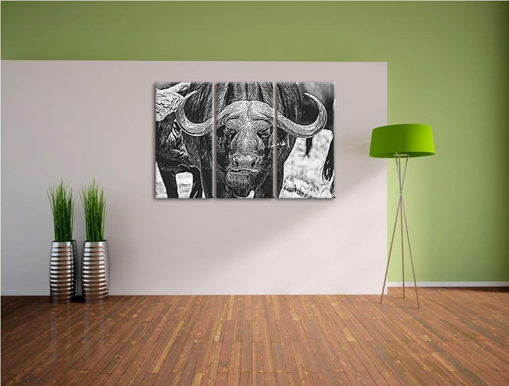 Wasserbüffel Schwarz/weiss Spezial 3-Teiler Leinwandbild 120x80 Bild auf Leinwand, XXL riesige Bilde