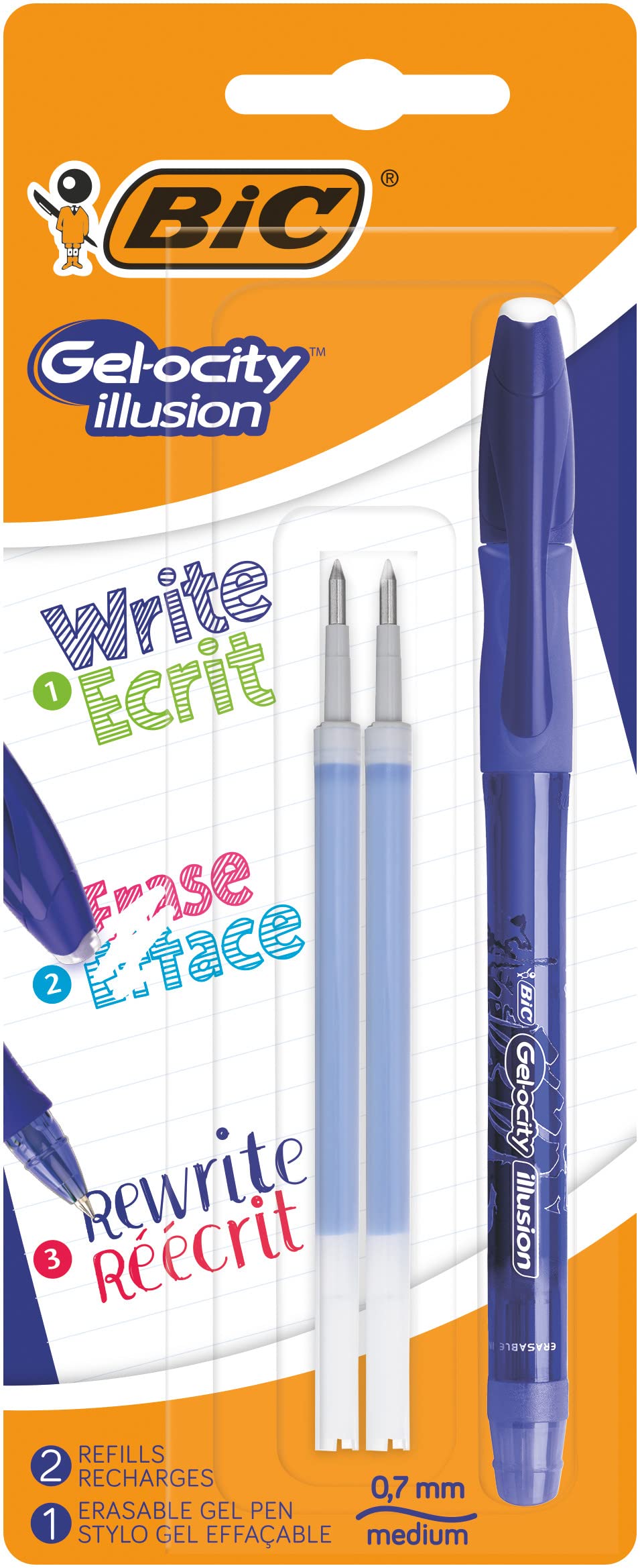 BIC 944017 Druck-Gel-Roller (Gel-ocity Illusion, 0,3 mm) 1 Stück mit 2 Refills, blau blau 1 stück (1
