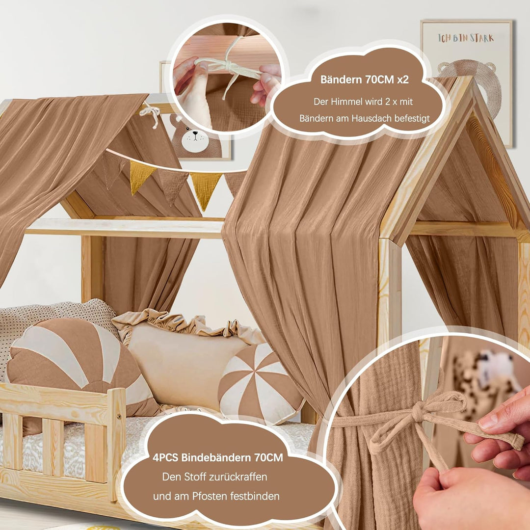 Hausbett Himmel Deko Set, Betthimmel Hausbett aus Musselin - 2 Betthimmel & 1 Wimpelkette, für Junge