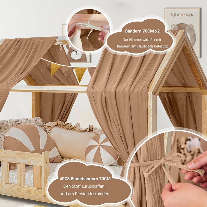 Hausbett Himmel Deko Set, Betthimmel Hausbett aus Musselin - 2 Betthimmel & 1 Wimpelkette, für Junge
