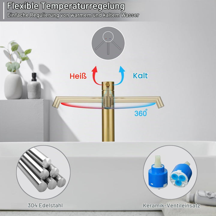 Ulytid Wasserhahn Bad Gold, Waschtischarmatur Hoch Aufsatzwaschbecken 360° Schwenkbar, Armatur Badez