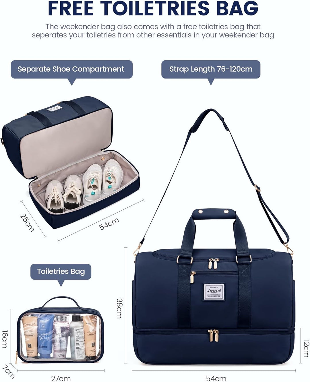 LOVEVOOK Sporttasche Reisetasche Gross, 50L Weekender Travel Duffel Bags mit Kulturtasche, Schuhfach