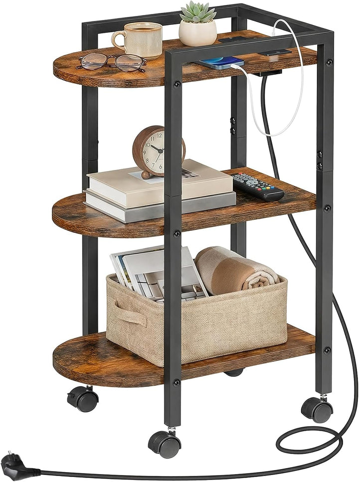 HOOBRO Schmaler Beistelltisch mit Ladestation, Sofatisch, 3-stufiger Couchtisch, Nachttisch mit Roll