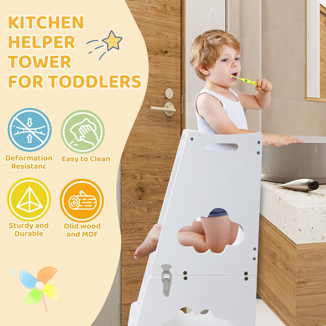 KIDINIX Lernturm ab 1 Jahr, 3 in 1 Montessori Learning Tower mit Sicherheitsgeländer und Tafel, Klap